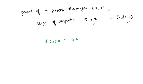 given-that-the-graph-of-f-passes-through-the-point-2-7-and-that-the-slope-of-its-tangent-line-at-x-fx-is-5-8x-find-f1-11546