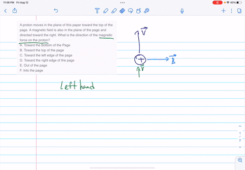 a-proton-moves-in-the-plane-of-this-paper-toward-the-top-of-the-page-a-magnetic-field-is-also-in-the-plane-of-the-page-and-directed-toward-the-right-what-is-the-direction-of-the-magnetic-for-50913