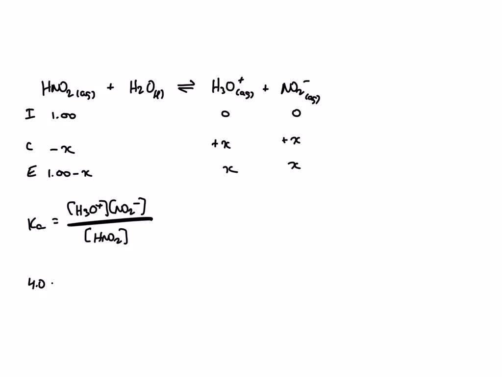 SOLVED Calculate the pH of 1.00 M HNO2 if the Ka is 4.0 x 10^4. Hint