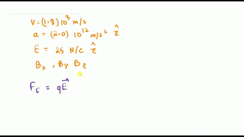an-electron-has-a-velocity-of-180-kms-in-the-positive-x-direction-and-an-acceleration-of-200-1012-ms2-in-the-positive-z-direction-in-uniform-electric-and-magnetic-fields-if-the-electric-fiel-47301