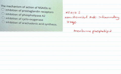 the-mechanism-of-action-of-nsaids-is-inhibition-of-prostaglandin-receptors-inhibition-of-phospholipase-a2-inhibition-oft-cyclo-oxygenase-inhibition-of-arachadonic-acid-synthesis-79476