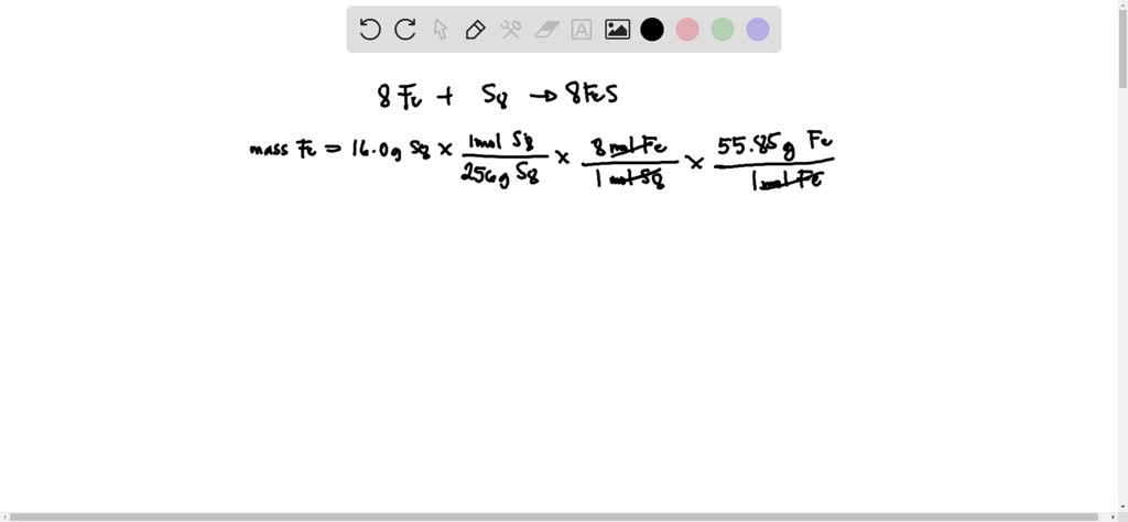 SOLVED: Given the following equation: Fe + S8 —> FeS What mass of iron ...