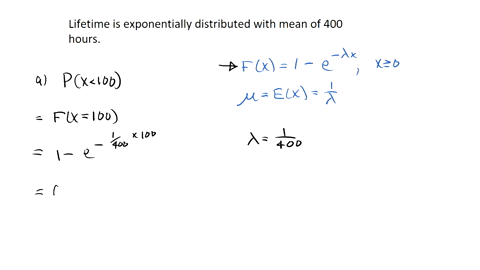 the-lifetime-of-a-mechanical-assembly-in-a-vibration-test-is-exponentially-distributed-with-a-mean-of-400-hours-a-what-is-the-probability-that-an-assembly-on-a-test-fails-in-less-than-100-ho-73289