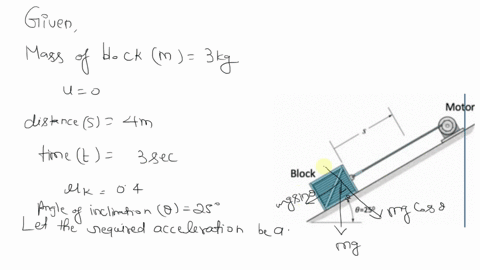 if-the-motor-pulls-the-block-m-3kg-initially-at-rest-with-constant-acceleration-and-moves-the-block-distance-of-m-in-3-sec-up-the-incline-draw-the-free-body-diagram-fbd-calculate-the-tension-83384