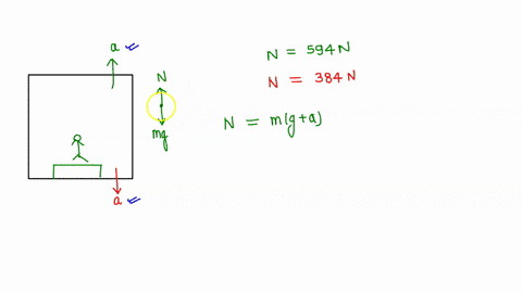 a-person-stands-on-scale-in-an-elevator_-as-the-elevator-starts-the-scale-has-constant-reading-of-594-n-as-the-elevator-later-stops_-the-scale-reading-is-384-n-assume-the-magnitude-of-the-ac-36313