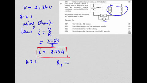 814-determine-the-internal-resistance-of-the-battery-3-82-the-circuit-diagram-shows-a-battery-with-an-emf-t-of-60-v-and-an-unknown-internal-resistance-r-connected-to-three-resistors-a-voltmeter-connec