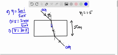 light-strikes-50-cm-thick-sheet-of-glass-with-index-of-refraction-150-at-an-angle-of-incidence-in-air-of-50-a-what-is-the-angle-of-refraction-in-the-glass-b-after-traveling-through-the-glass-10832