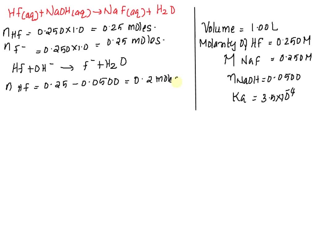 SOLVED: A 1.00 L buffer solution is 0.250 M in HF and 0.250 M in NaF.  Assume no volume change upon the addition of base or acid. The Ka for HF is
