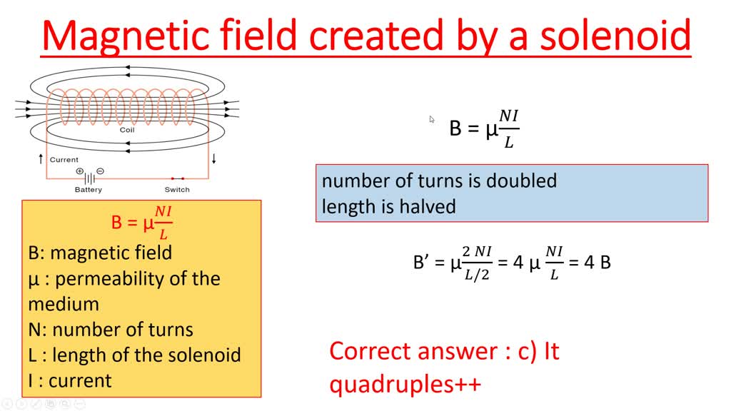 SOLVED: The number of turns in a solenoid is doubled, and its length is ...