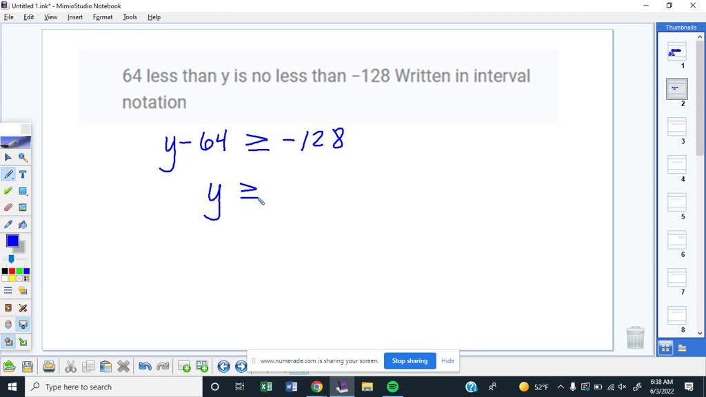 SOLVED: 64 less than y is no less than -128. Written in interval ...