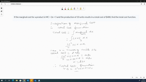 if-the-marginal-cost-for-a-product-is-mc-2x-5-and-the-production-of-10-units-results-in-a-total-cost-of-480-find-the-total-cost-function