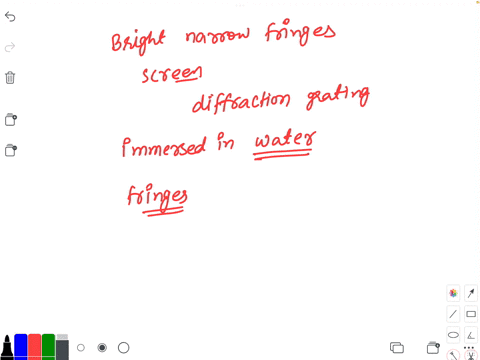 bright-narrow-fringes-are-observed-on-a-screen-in-front-of-a-diffraction-grating-the-entire-experiment-is-immersed-in-water-which-of-the-following-do-you-expect-to-happen-to-the-fringes-a-th-38982