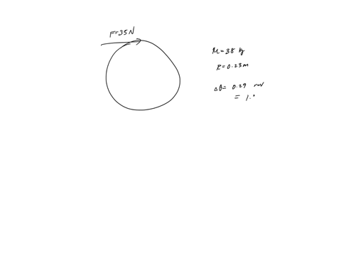a-uniform-disk-with-mass-380-kg-and-radius-0230-m-is-pivoted-at-its-center-about-a-horizontal-frictionless-axle-that-is-stationary-the-disk-is-initially-at-rest-and-then-a-constant-force-350-35598