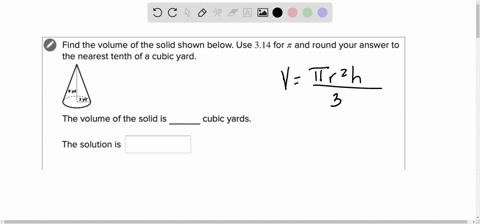 find-the-volume-of-the-solid-shown-below-use-314-for-i-and-round-your-answer-to-the-nearest-tenth-of-a-cubic-yard-yd-ijd-the-volume-of-the-solid-is-cubic-yards-the-solution-is-08538
