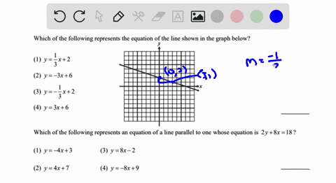 which-of-the-following-represents-the-equation-of-the-line-shown-in-the-graph-below-t-y-x2-2-y-3r6-3-y-x2-4-y3r6-which-of-the-following-represents-an-equation-of-a-line-parallel-to-one-whose-74872