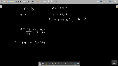 the-work-done-by-three-moles-of-a-monatomic-ideal-gas-53-in-expanding-adiabatically-is-870-j-the-initial-temperature-and-volume-of-the-gas-are-385-k-and-0110-m3-what-is-the-final-volume-of-t-26341
