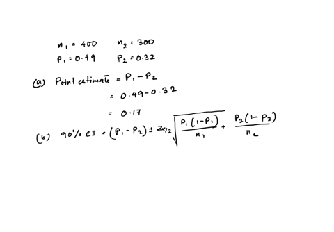 consider-the-following-results-for-independent-samples-taken-from-two-populationssample-1-sample-2-n1-400-n2-300-p1-049p2-032awhat-is-the-point-estimate-of-the-difference-between-the-two-pop-17703