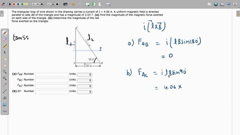the-triangular-loop-of-wire-shown-in-the-drawing-carries-a-current-of-406-a-a-uniform-magnetic-field-is-directed-parallel-to-side-ab-of-the-triangle-and-has-a-magnitude-of-203-t-a-find-the-m-01884