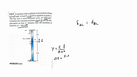 24-3-a-steel-bar-with-a-uniform-cross-section-is-fixed-at-both-ends-a-load-p10-mathrmkn-is-applied-at-point-c-the-bar-has-a-cross-sectional-area-of-5100-mathrmmm2-calculate-the-reactions-at-joints-a-a