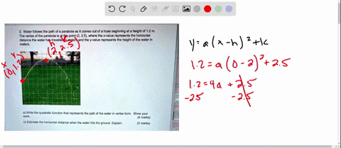 water-follows-the-path-of-a-parabola-as-comes-out-of-hose-beginning-at-a-height-of-12-m-the-vertex-of-the-parabola-is-at-the-point-2-25-where-the-x-value-represents-the-horizontal-distance-t-77468