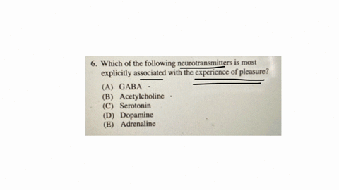 6-which-of-the-following-neurotransmitters-is-most-explicitly-associated-with-the-experience-of-pleasure-a-gaba-b-acetylcholine-c-serotonin-d-dopamine-e-adrenaline-7-as-he-was-passing-out-math-tests-2