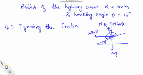 a-highway-curve-that-has-radius-of-curvature-of-100om-banked-at-an-angle-ol-159-determine-the-vehicle-speed-for-which-this-curve-is-appropriate-if-there-is-no-friction-between-the-road-and-t-15981