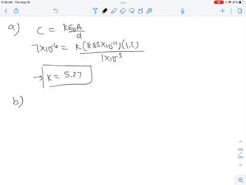 a-parallel-plate-capacitor-has-a-capacitance-of-70-f-when-filled-with-a-dielectric-the-area-of-each-plate-is-15-m2-and-the-separation-between-the-plates-is-10-10-5-m-awhat-is-the-dielectric-67423