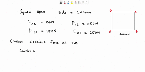a-square-abcd-has-sides-equal-to-200mm-forces-of-150n-each-act-along-ab-and-cd-and-250n-act-along-cb-and-ad-find-the-moment-of-the-couple-which-will-keep-the-system-in-equilibrium-10077