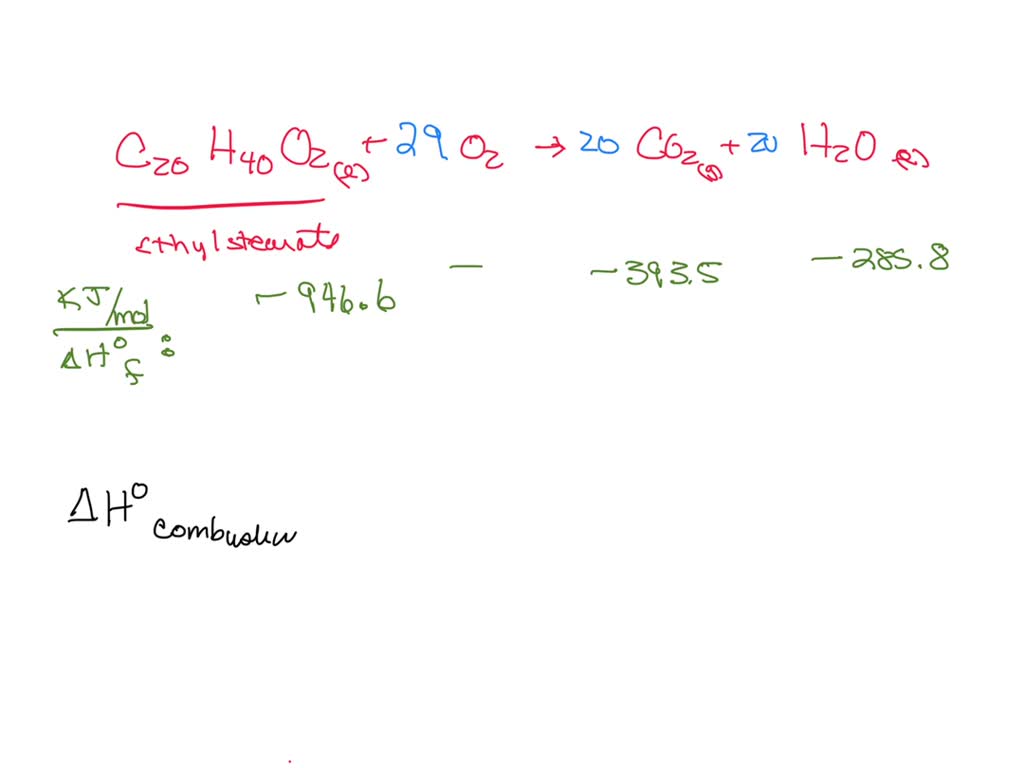 SOLVED: Calculate the enthalpy of combustion (kJ/mol) of ethyl stearate ...