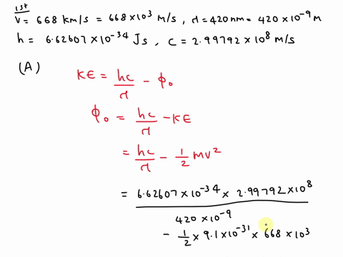 1-electrons-are-ejected-from-a-surface-with-speeds-ranging-up-to-668-kms-when-light-with-a-wavelength-of-420-nm-is-used-a-what-is-the-work-function-of-this-surface-the-speed-of-light-is-2997-76386