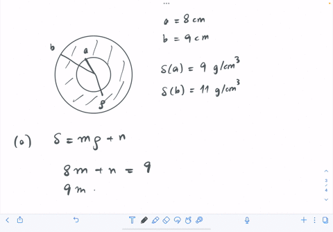 a-spherical-shell-centered-at-the-origin-has-an-inner-radius-of-8-cm-and-an-outer-radius-of-9-cm-the-density-of-the-material-increases-linearly-with-the-distance-from-the-center-at-the-inner-18684