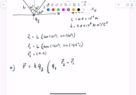 three-charges-are-at-the-corners-of-an-equilateral-triangle-side-l-q25-mu-mathrmc-l40-mathrmcm-a-determine-the-force-experienced-by-3-q-charge-due-to-the-presence-of-other-charges-b-compute-for-the-el