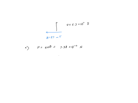 an-electron-traveling-horizontally-due-north-with-speed-of-53x10-mls-_-enters-region-with-magnetic-field-of-87m-t-pointing-straight-towards-the-west-what-the-magnitude-of-the-magnetic-force-31155