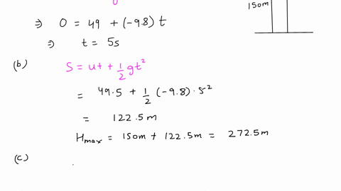 a-projectile-is-fired-vertically-upward-with-an-initial-velocity-of-49-mathrmm-mathrms-from-a-tower-40871