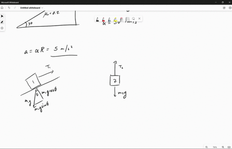 a-mass-of-m1-50-kg-is-placed-on-an-inclined-plane-with-inclination-angle-30-and-contact-friction-coefficient-02-the-mass-m1-is-connected-through-a-massless-string-to-a-mass-m2-20-kg-which-hangs-in-the