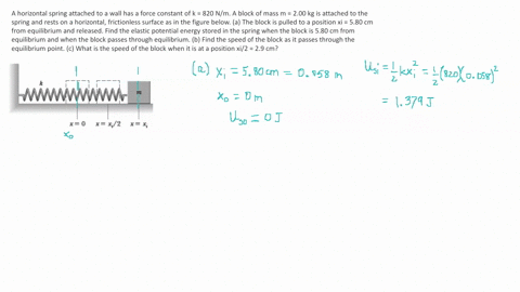a-horizontal-spring-attached-to-a-wall-has-a-force-constant-of-k-820-nm-a-block-of-mass-m-200-kg-is-attached-to-the-spring-and-rests-on-a-horizontal-frictionless-surface-as-in-the-figure-bel-76216