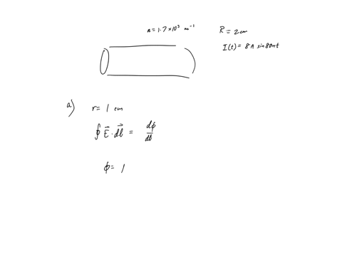 a-long-solenoid-with-170-103-turns-per-meter-and-radius-200-cm-carries-an-oscillating-current-i-800-sin-80t-where-i-is-in-amperes-and-t-is-in-seconds-a-what-is-the-electric-field-induced-at-32979