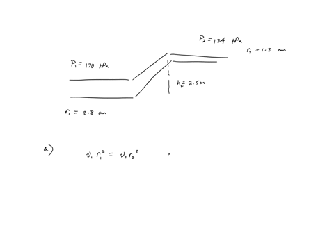 water-moves-through-a-constricted-pipe-in-steady-ideal-flow-at-the-lower-point-shown-in-the-figure-below-the-pressure-is-170-105-pa-and-the-pipe-radius-is-280-cm-at-the-higher-point-located-19762