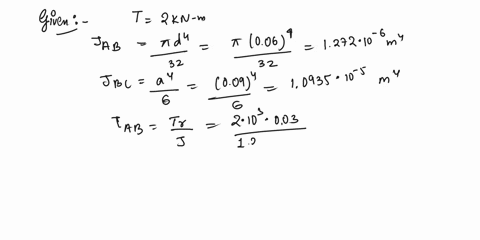 segments-ab-and-bc-of-the-shaft-have-circular-and-square-cross-sectionsrespectivelyif-end-a-is-subjected-to-a-torque-of-t2-knmdetermine-the-absolute-maximum-shear-stress-developed-in-the-sha-87899