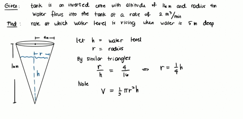 a-tank-is-in-the-form-of-an-inverted-cone-having-an-altitude-of-16-m-and-radius-of-4m-water-is-flowing-into-the-tank-at-the-rate-of-2-cubic-metermin-how-fast-is-the-water-level-rising-when-t-88892