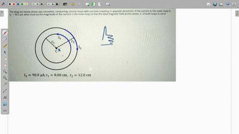 the-diagram-below-shows-two-concentric-conducting-circular-loops-with-currents-traveling-in-opposite-directions-if-the-current-in-the-outer-loop-is-900-pa-what-must-be-the-magnitude-of-the-c-12062