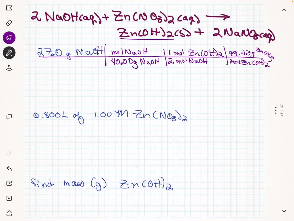 SOLVED: If 27.0 g of NaOH is added to 0.800 L of 1.00 M Zn(NO?)?, what ...