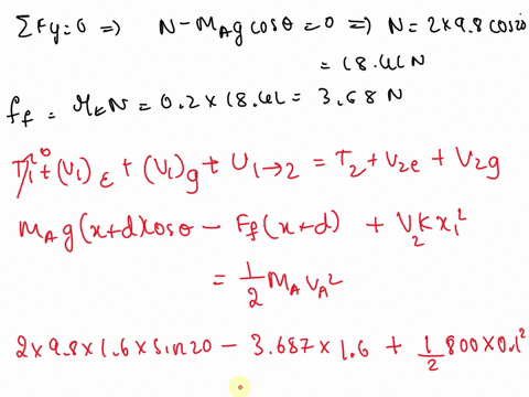 question-2-a-2-kg-block-a-is-pushed-up-against-a-spring-compressing-it-a-distance-x-01-m-the-block-is-then-released-from-rest-and-slides-down-the-20-degrees-incline-until-it-strikes-a-1-kg-s-97861