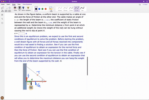 as-shown-in-the-figure-below-a-uniform-beam-is-supported-by-a-cable-at-one-end-and-the-force-of-friction-at-the-other-end-the-cable-makes-an-angle-of-30-the-length-of-the-beam-is-350-m-the-c-27892