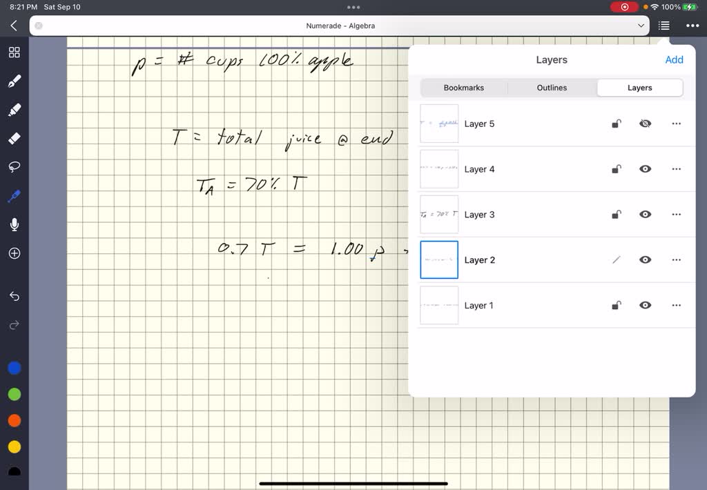 What equation models the total volume of juice? Baylee wants to make 5