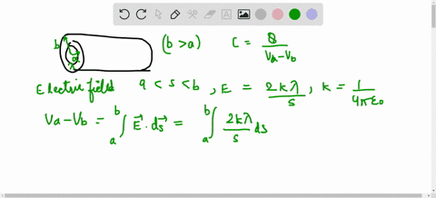 a-solid-cylindrical-conductor-of-radius-a-and-line-charge-density-is-coaxial-with-a-cylindrical-shell-of-negligible-thickness-radius-b-a-and-line-charge-density-a-find-the-capacitance-of-this-cylindri