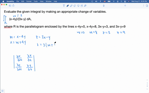 evaluate-the-given-integral-by-making-an-appropriate-change-of-variables-8-x-4y-3x-y-da-r-where-r-is-the-parallelogram-enclosed-by-the-lines-x-4y-0-x-4y-8-3x-y-3-and-3x-y-9-20104