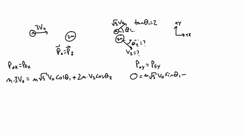 as-shown-in-the-figure-below-a-mass-m-moves-in-the-positive-x-direction-with-a-speed-of-30-it-collides-with-a-larger-object-of-mass-2m-initially-at-rest-after-the-collision-the-mass-m-moves-69662