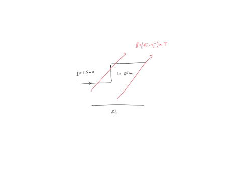 03-section-of-a-long-wire-carrying-15-ma-current-is-placed-in-uniform-magnetic-field-region-as-shown-in-the-figure-the-uniform-magnetic-field-b-4i-3j-mt-is-oriented-along-xy-plane-if-l-is-25-40693
