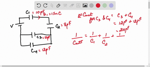 four-capacitors-are-connected-to-a-battery-as-shown-below-the-voltage-v-delivered-by-the-battery-is-unknown-capacitor-c1-acquires-a-charge-of-magnitude-iq1l-15-nc-15-10-c-on-each-of-its-plat-77335